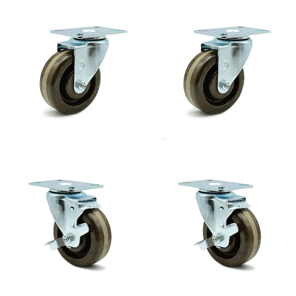 SCC 4 in x 1.5 High Temp Phenolic Wheel Caster - 2 Swivel/2 Swivel w/Brakes, 4PK